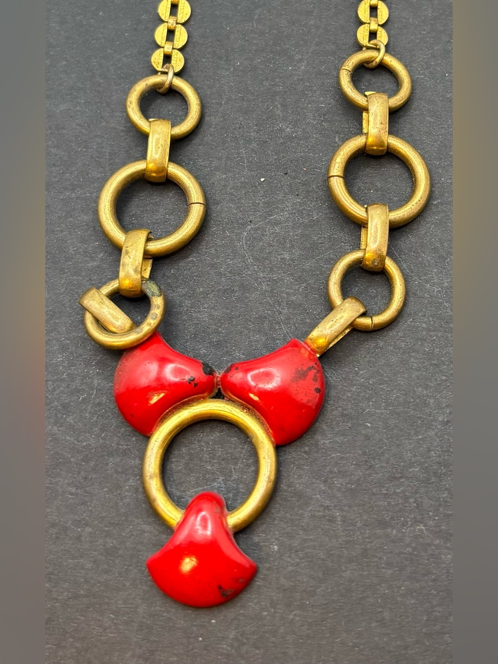 Vintage MCM Red Enamel Gold Tone Statement Necklace Geometric Mid Century Modern